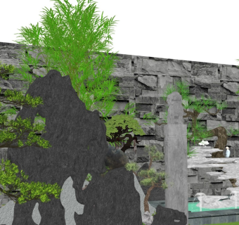 新中式庭院小品  假山 罗汉松 云石